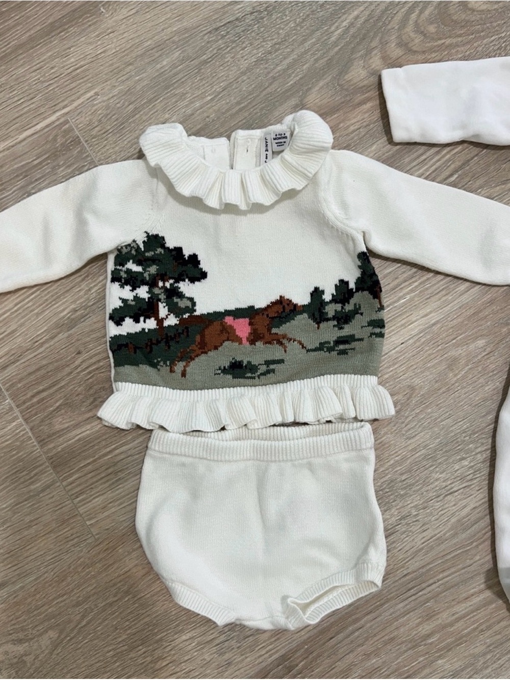 Janie and Jack Cream Knit Ruffle Sweater & Bloomers with Horse Motif